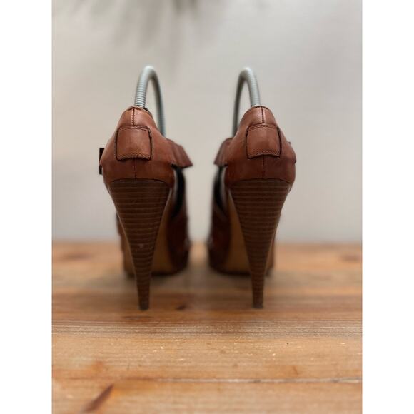 Max Studio Sandals Stiletto Platform Brown Leather Cross Strap Open Toe - Picture 6 of 10